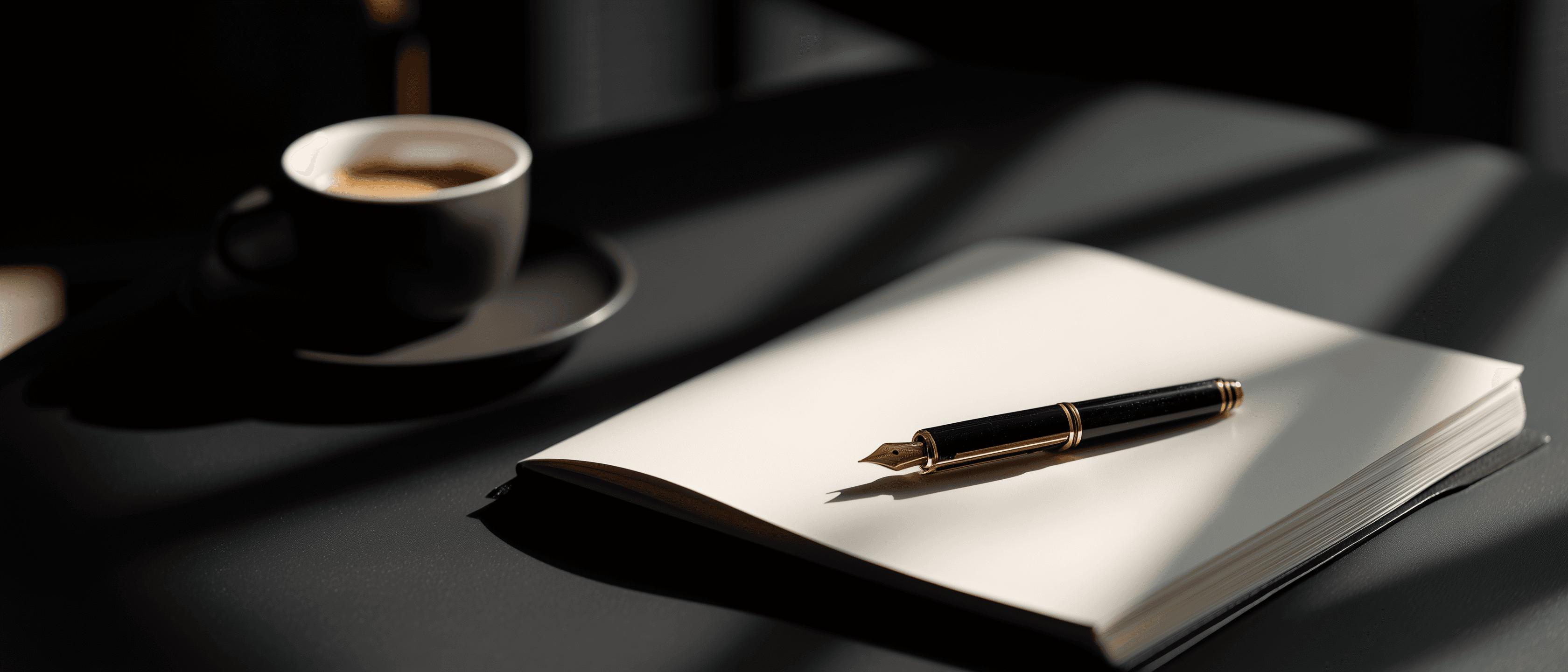 Fountain pen resting on a notebook near a cup of coffee